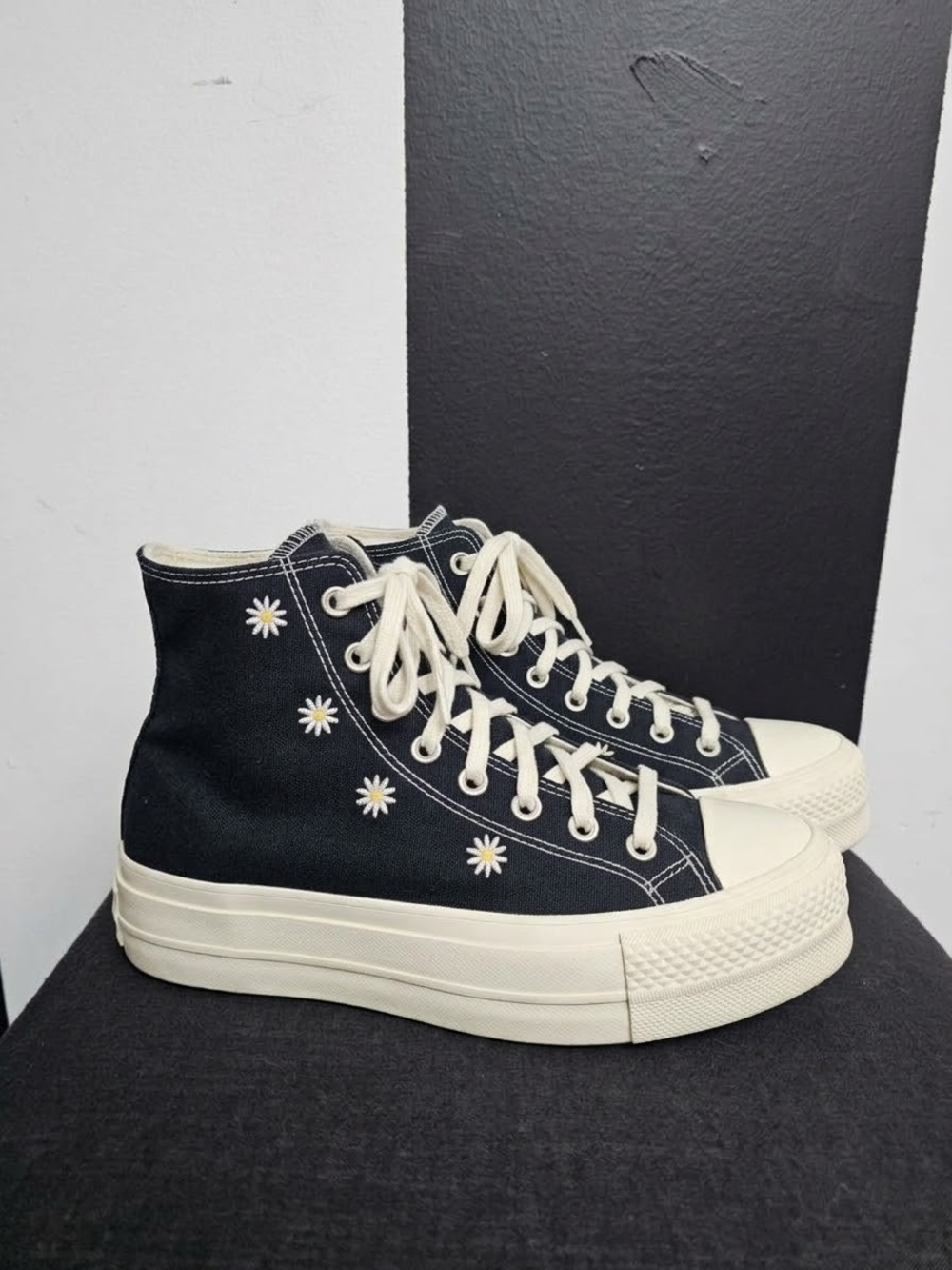 Converse Black High-Top Platform Sneakers with Daisy Embroidery